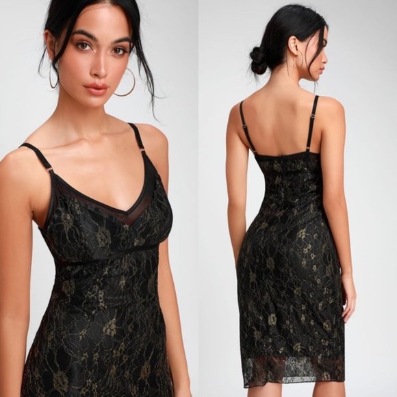 Lulu's Shine in the night Gold Black Lace Dress Medium NWT - Picture 2 of 11